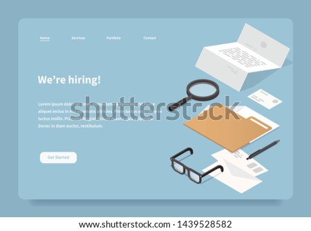 Vector isometric concept homepage of hiring company. Empty office workplace: Office supplies illustration: papers, folder, mail, letters, glasses, magnifier, business card, contract.