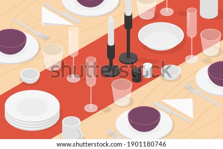 Vector isometric table setting illustration. Tableware on the wooden surface - plates, bowls, glasses, cup, napkins, candles, forks, knives, salt and pepper shakers.