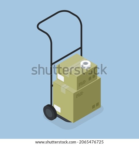 Moving delivery dolly vector isometric illustration. Parcel, cardboard and boxes for carrying storage. Stack of package shipment and adhesive tape for packing. Freight transportation stacked trolley