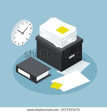 Isometric office paper database storage vector illustration. Stack of cardboard boxes, case, containers with folded sheets. Archival organization for research documents, contracts and agreement