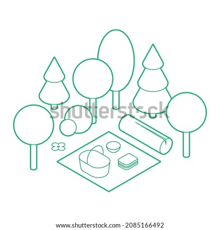 Vector isometric picnic in a park illustration. Blanket with picnic basket, food, trees, bushes and flowers. Simple minimalistic outline design with optional white fill. All objects are separate.