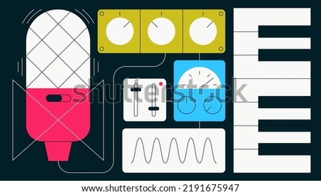 Music production flat illustration. Microphone with keyboard, EQ, meters and sound wave. Recording song, creating sounds, studio mixing and mastering concept. Simple colourful cartoon design.