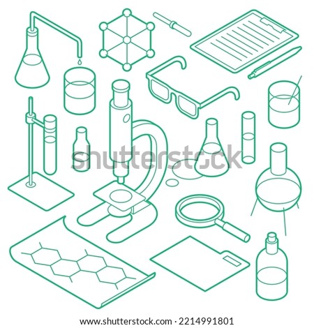 Isometric chemical laboratory tools set. Set of various test tubes, flask, jars and bottles, dropper, microscope and other. Outline design with optional white fill. Isolated on white background.