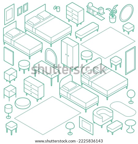 Vector isometric bedroom furniture icon set. Beds, side tables, vanity, dresser etc. Outline design with optional white fill. All objects are separate. To turn object just reflect it horizontally.