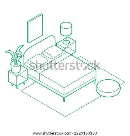 Bedroom isometric outline simple vector illustration. King size bed with side tables, lamp and wall art. Minimalistic outline design with optional white fill. All objects are separate. Isolated.