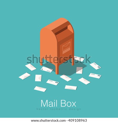 Mail box isometric vector illustration. Red mail box with envelopes laying around. Concept design for your poster, card or any web material.