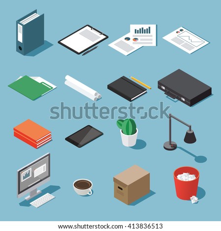 Isometric office equipment vector set: paperwork, tablet, clipboard, book, folder, pen and pencil, table lamp, desktop, case, diagram, open book and organizer, trash can,box, rolls of paper, cactus.
