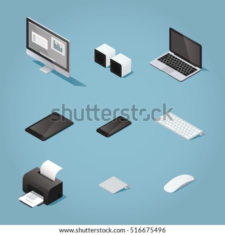 Isometric digital vector objects set illustration. Collection of computers and supplies: desktop, speakers, laptop, tablet, phone, keyboard, printer, track pad, mouse.