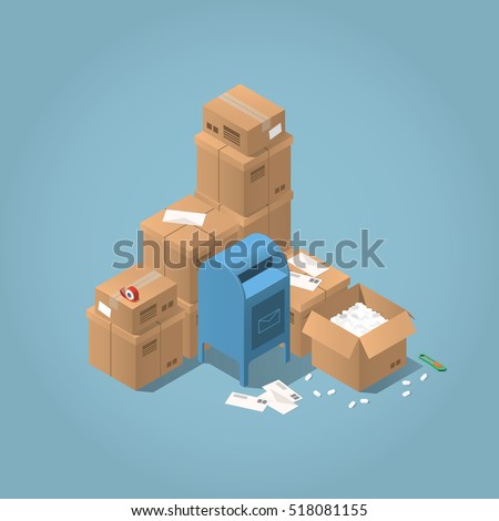 Vector isometric mail delivery concept illustration. Stacks of parcel boxes of different sizes, letters, mail office box, open box, adhesive tape and paper knife.