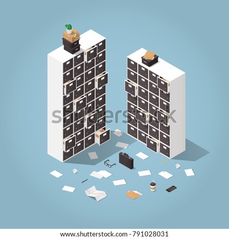 Vector isometric file storage concept illustration. Two big storage cabinets with drawers with papers, folders, glasses, suitcase and office stationery left by somebody. Very detailed.