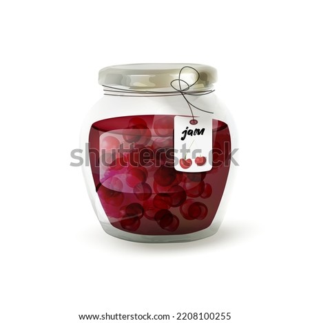 Cherry Jam in glass jar : realistic vector Illustration. suitable for packaging, books, stickers, booklets, web, brochures, flyers, advertisements Foto stock © 