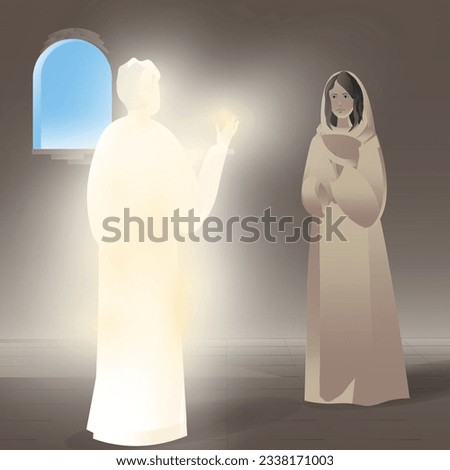 Mary and angel Gabriel vector illustration. An angel appeared to Mary. Announcement of the birth of Jesus Christ. Jesus birth foretold. Luke 1:26-36,38. Bible stories illustrated. 