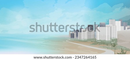 Tel Aviv panorama vector banner. Israel city illustration. Coastline and buildings. 