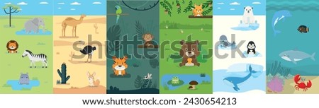 Animal habitats big set. Savannah, desert, jungle, forest, arctic, underwater. Flat design. Cartoon animals. Vector vertical banners. 