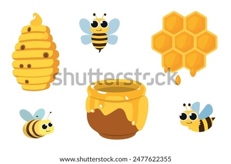 Bees, honey, honey jar, beehive, beeswax. Flat design elements isolated on white. 