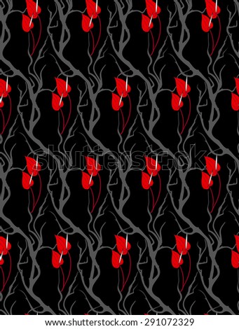 Anthurium flowers and branches, seamless pattern with exotic red flower.