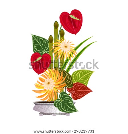 Ikebana with exotic tropical flowers in a ceramic vase. Red and yellow flowers.