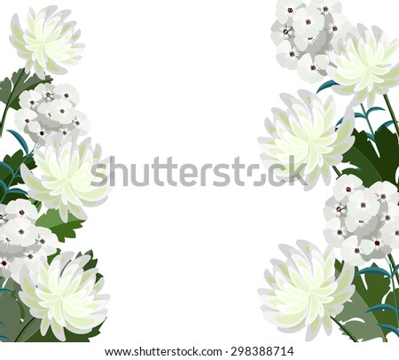 Autumn flowers: white chrysanthemums and phlox on both sides. It can be used for wedding invitations and Save The Date. White background. Space for text.