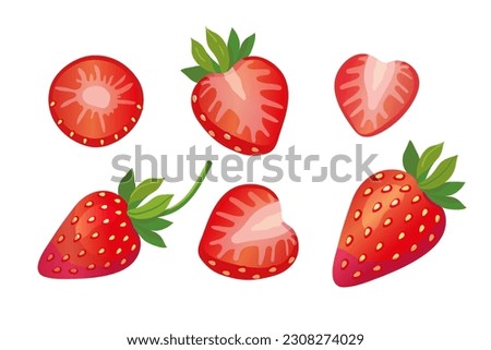 Set of fresh bright strawberries whole, half of strawberry and cut into slices. Red berry vector illustration