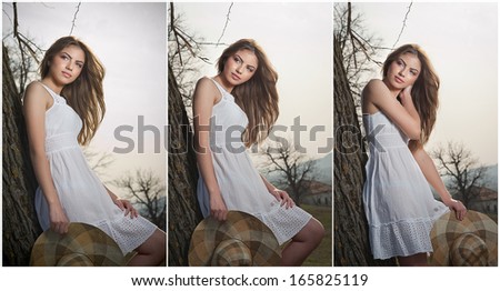 beautiful girl portrait with hat near a tree in the garden. Young Caucasian sensual woman in a romantic scenery. Girt in white short dress outdoor. fairy princess in white dress in the garden
