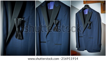 Wedding ultramarine suit and black bow. Formal groom suit with black bow-tie. Elegant blue groom\'s suit close up with bow tie.