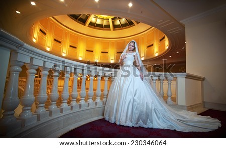 Young beautiful luxurious woman in wedding dress posing in luxurious interior. Bride with huge wedding dress in majestic manor. Seductive blonde bride with gorgeous gown and long dally posing