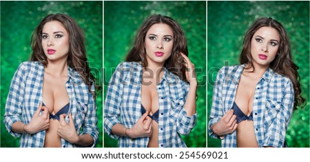 Fashion Caucasian model posing indoor on bright green textured background. Sexy brunette with white and blue checkered shirt. Attractive long hair woman with unbuttoned shirt exposing nice chest.