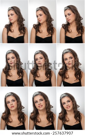 Hairstyle and make up - beautiful female art portrait with beautiful eyes. Genuine natural brunette with jewelry, studio shot. Portrait of a attractive woman with tiara and creative make up