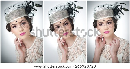 Hairstyle and make up - beautiful young girl art portrait. Cute brunette with white cap and veil, studio shot. Attractive female with beautiful lips and eyes in white lace blouse, over white