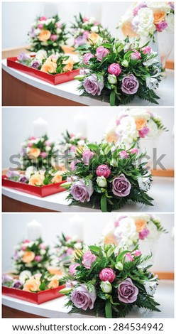 Beautiful bouquets of rose flowers, on table. Wedding bouquets of different colors roses. Elegant wedding bouquets on table at restaurant