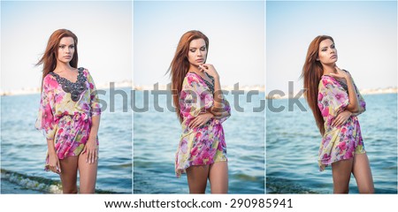 Young sexy red hair girl in multicolored blouse posing on the beach. Sensual attractive woman with long hair, summer shot at sea shore. Perfect body female, holiday concept turquoise water backgroud