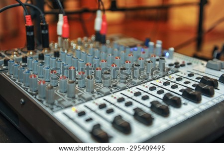 audio mixer, music equipment. recording studio gears, broadcasting tools, mixer, synthesizer. shallow dept of field for music background