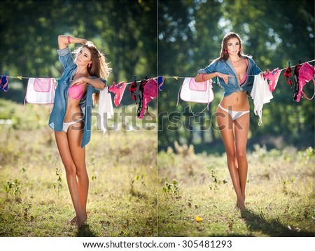 Sexy brunette woman in bikini and shirt putting clothes to dry in sun. Sensual young female with long legs putting out the washing to dry in sunny day. Perfect body housewife, outdoor shot in forest