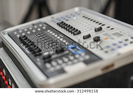 Audio mixer, music equipment. Recording studio gears, broadcasting tools, mixer, synthesizer. Shallow dept of field for music background