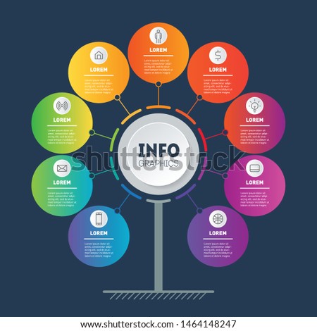 Business presentation concept with 9 options. Template of tree, info chart or diagram with nine process. Infographic of technology or education with 9 steps. Dark background.