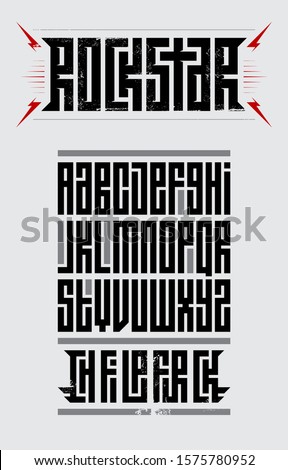 Rockstar - original font. Suitable for t-shirt prints, headlines, poster designs. Full set of letters. Vector illustration.