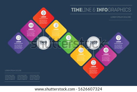 Long-term investment project. Timeline, Presentation or infographics with 9 steps. Template of Info graphic for technological or education process with nine options. Gradual development of business.