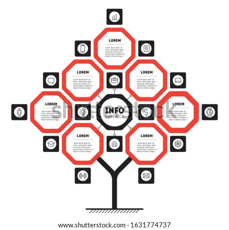 Business presentation concept with 7 options and 15 icons. Mindmap. Template of tree or diagram. Technological or education process with seven steps and icons. Infographics consisting of octagons.