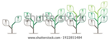 Development and growth of the green technology. Business presentation with 5 steps or processes. Info graphic. Set of Vertical infographics or timelines with 2, 3, 4, 5 and 6 parts. Trees with leaves.