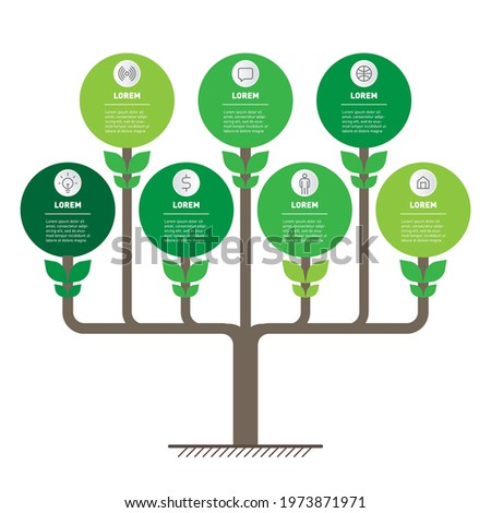 Development and growth of the eco business. Tree or Timeline of trends. Business concept with 7 steps or points. Horizontal infographics with seven options, research in science and Green technology.