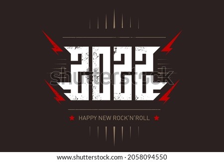 2022 - t-shirt design for new year party. Cool print for t-shirt with inscription. Happy New Rock'n'roll 2022 - music poster with stylized inscription, red lightnings and star on dark background.