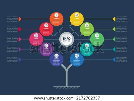 Business info graphics concept with 10 active options. tree. Template of diagram or brochure on dark background. Information chart or infographic of technology or education process with ten steps.