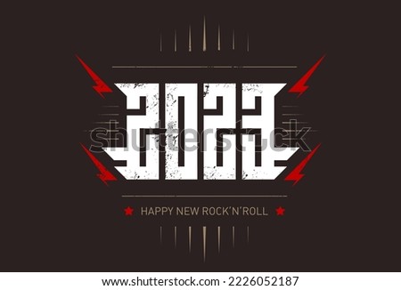 2023 - t-shirt design for new year party. Happy New Rock'n'roll 2023 - music poster with stylized inscription, red lightnings and stars on dark background. Cool print for t-shirt with inscription.