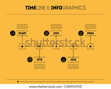 Timeline infographic with icons and buttoms - record, rewind, play, pause, stop. Time line of Social tendencies and trends graph. Business concept with options, parts, steps or technology processes