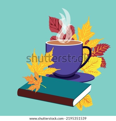 Coffee cup icon, book, autumn leaves, isolated background. A teacup. Book. Hot coffee drink. Vector.