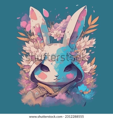 A detailed illustration face ninja bunny, fire, t-shirt design, flowers splash, t-shirt design, in the style of Studio Ghibli, pastel tetradic colors, 3D vector art, cute and quirky, fantasy art, 