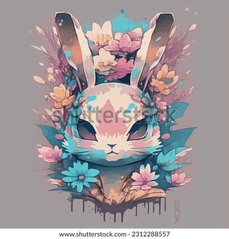 A detailed illustration face ninja bunny, fire, t-shirt design, flowers splash, t-shirt design, in the style of Studio Ghibli, pastel tetradic colors, 3D vector art, cute and quirky, fantasy art, 