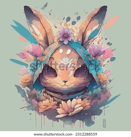 A detailed illustration face ninja bunny, fire, t-shirt design, flowers splash, t-shirt design, in the style of Studio Ghibli, pastel tetradic colors, 3D vector art, cute and quirky, fantasy art, 