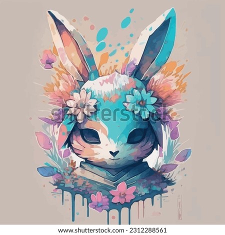 A detailed illustration face ninja bunny, fire, t-shirt design, flowers splash, t-shirt design, in the style of Studio Ghibli, pastel tetradic colors, 3D vector art, cute and quirky, fantasy art, 