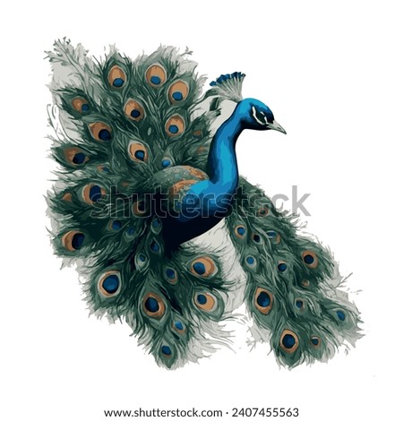 Illustration of a bird, peacock, illustration modern, simple, ferns, T-shirt design in the style of Studio Ghibli, pastel colors for a notebook, graphics, cute and unusual, fantasy art, watercolor 